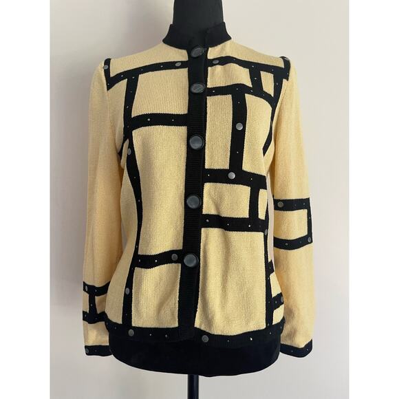 J.S.S knit ware jacket/ blazer sm yellow/ black wool blend button up timeless - Picture 2 of 8